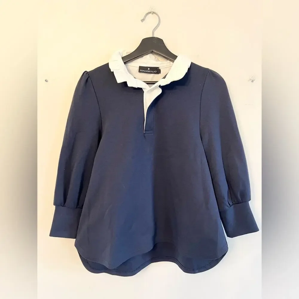 Tuckernuck pomander place Charlotte blouse ruffle neck navy blue preppy timeless